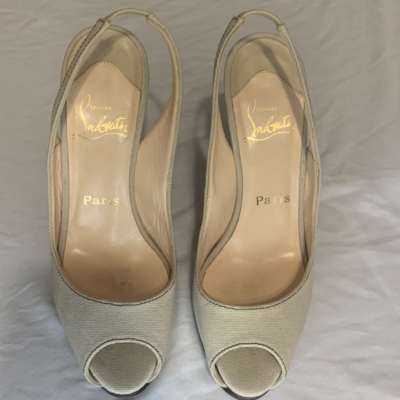Christian Louboutin Shoes - Christian Louboutin Neutral Canvas Peep Toe Heels